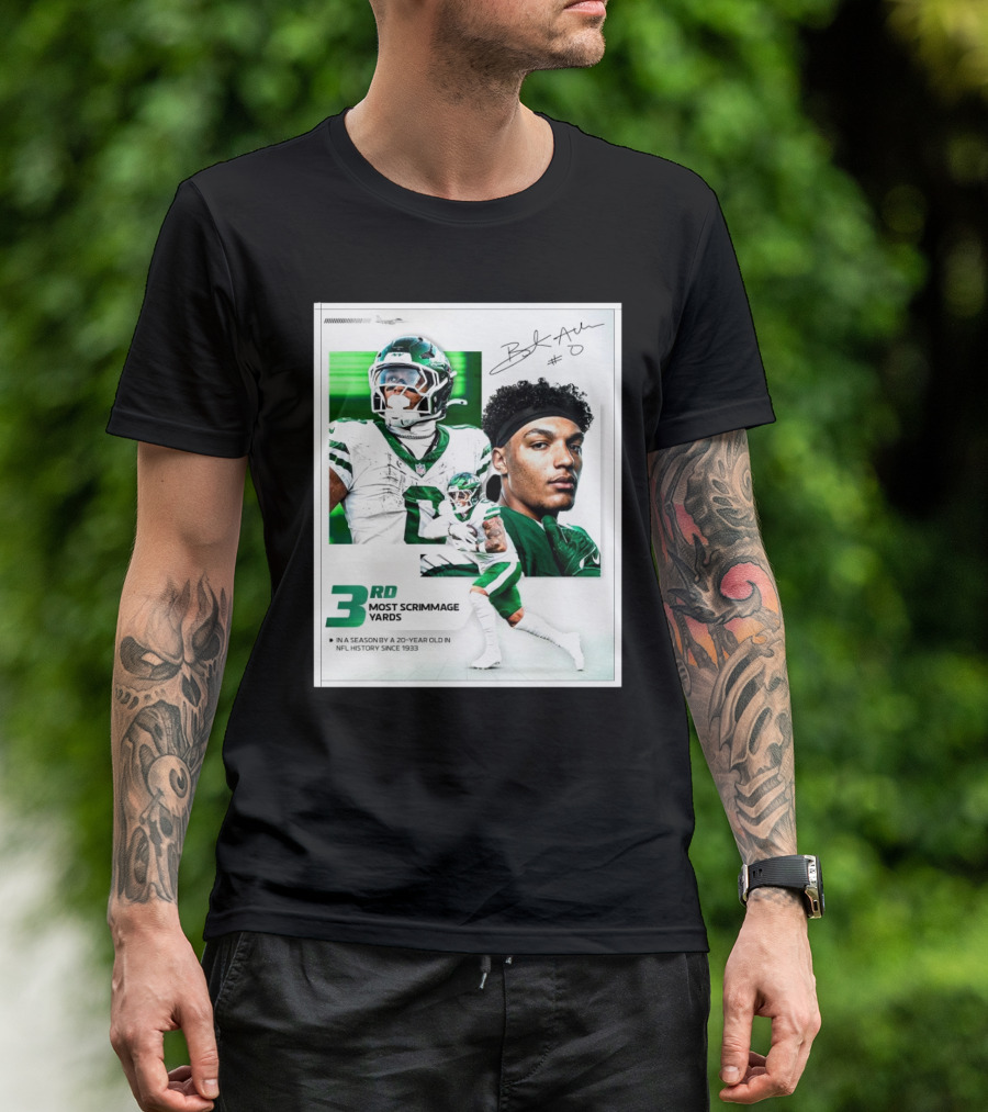 New York Jets Braelon Allen 3rd Most Scrimmage Yards Season 20-Year Old NFL History Since 1933 Signature T-Shirt