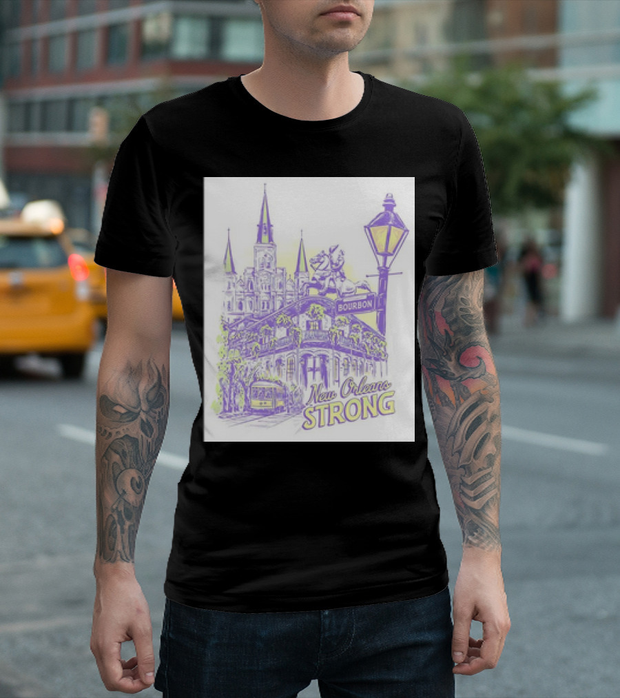 New Orleans Strong Bourbon Street Landmarks and Streetcar T-Shirt