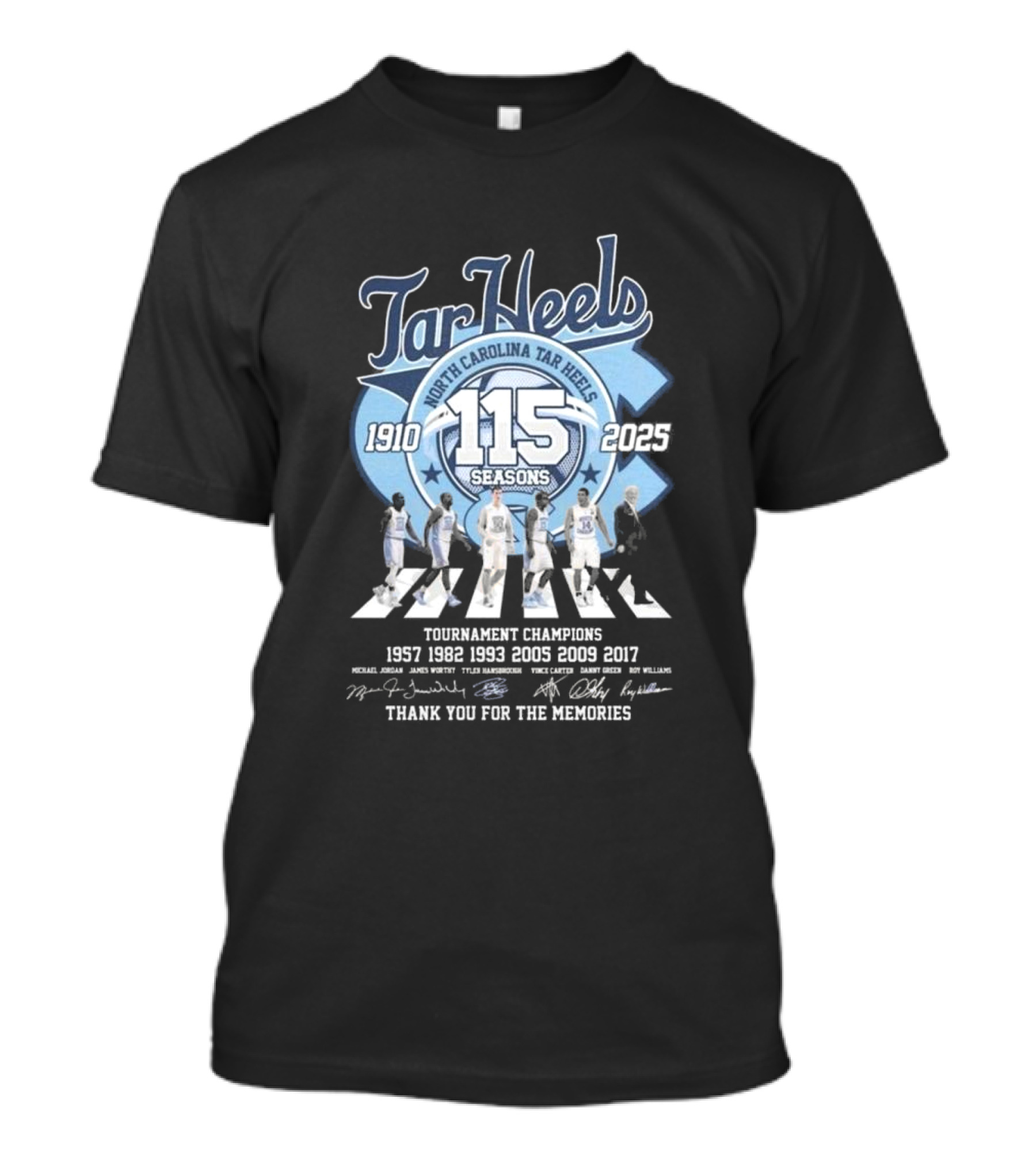 North Carolina Tar Heels 115 Seasons 1910-2025 Tournament Champions Signatures Walking Thank You For The Memories T-Shirt