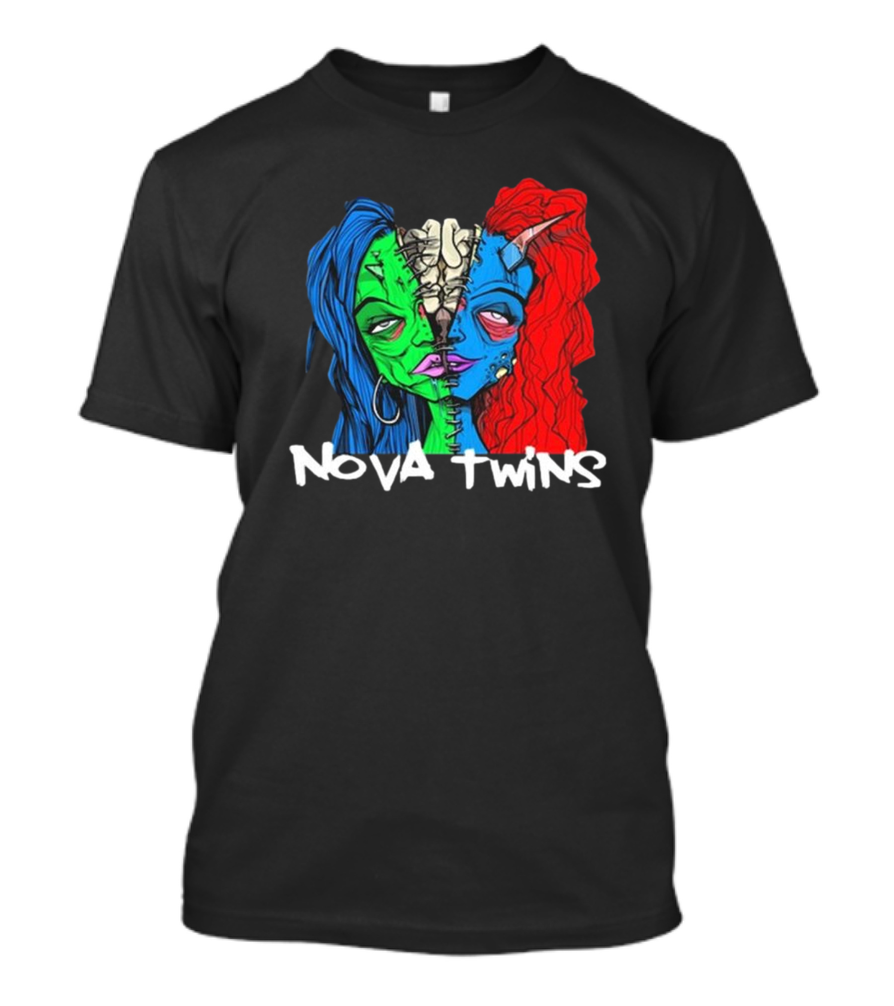 Nova Twins Monster Head Blue Green Red Hair Two-Faced Artwork T-Shirt
