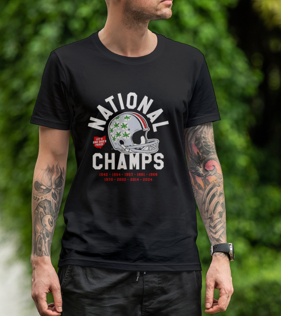 Ohio State Buckeyes National Champs Football Helmet 9-Time Champions 1942 1954 1957 1961 1968 1970 2002 2014 2024 T-Shirt