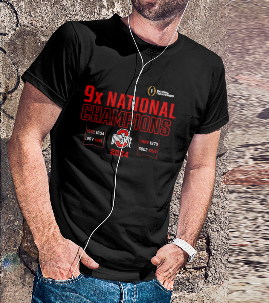 Ohio State Buckeyes 9X National Champions 2024 Vintage Years 1942 1954 1957 1961 1968 1970 2002 College Football Playoff T-Shirt