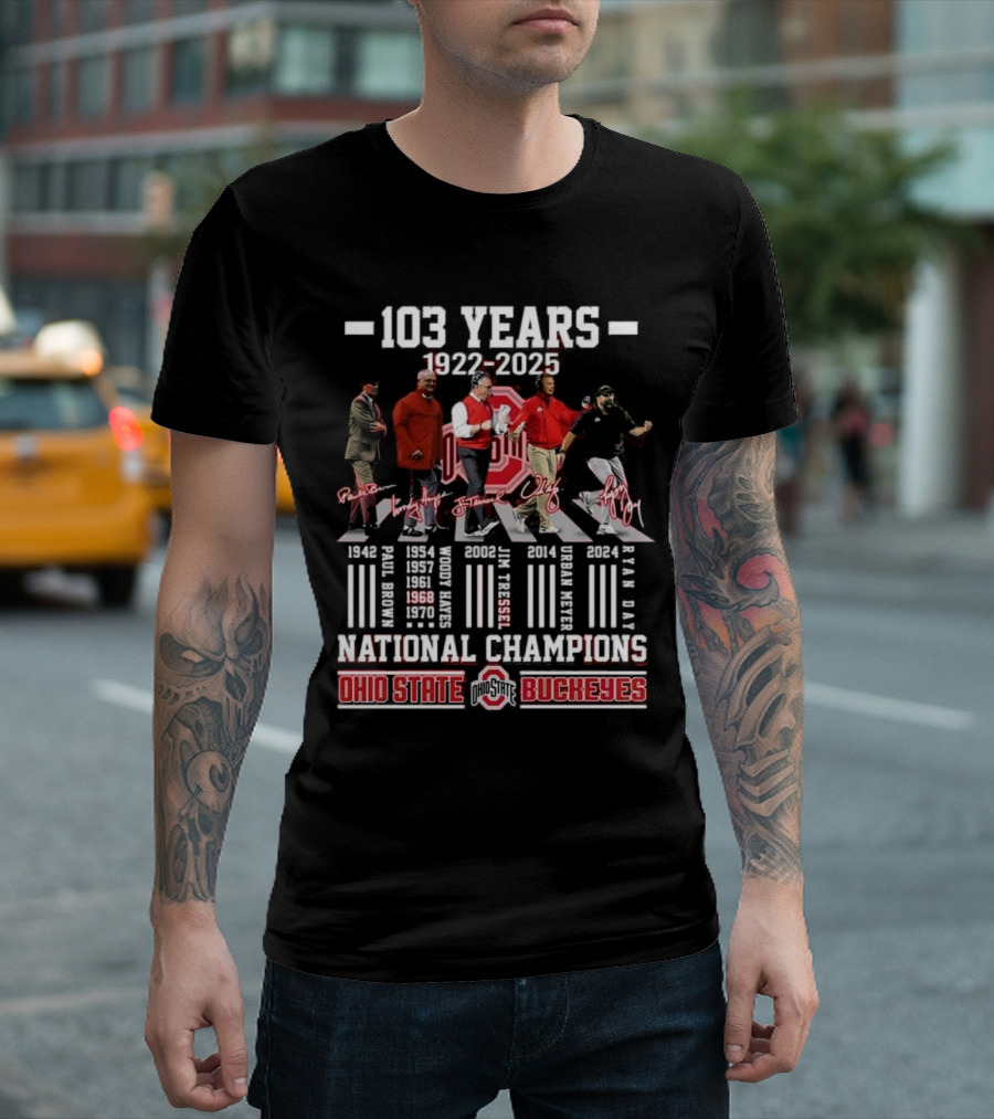 Ohio State Buckeyes 103 Years 1922-2025 National Champions Signatures T-Shirt