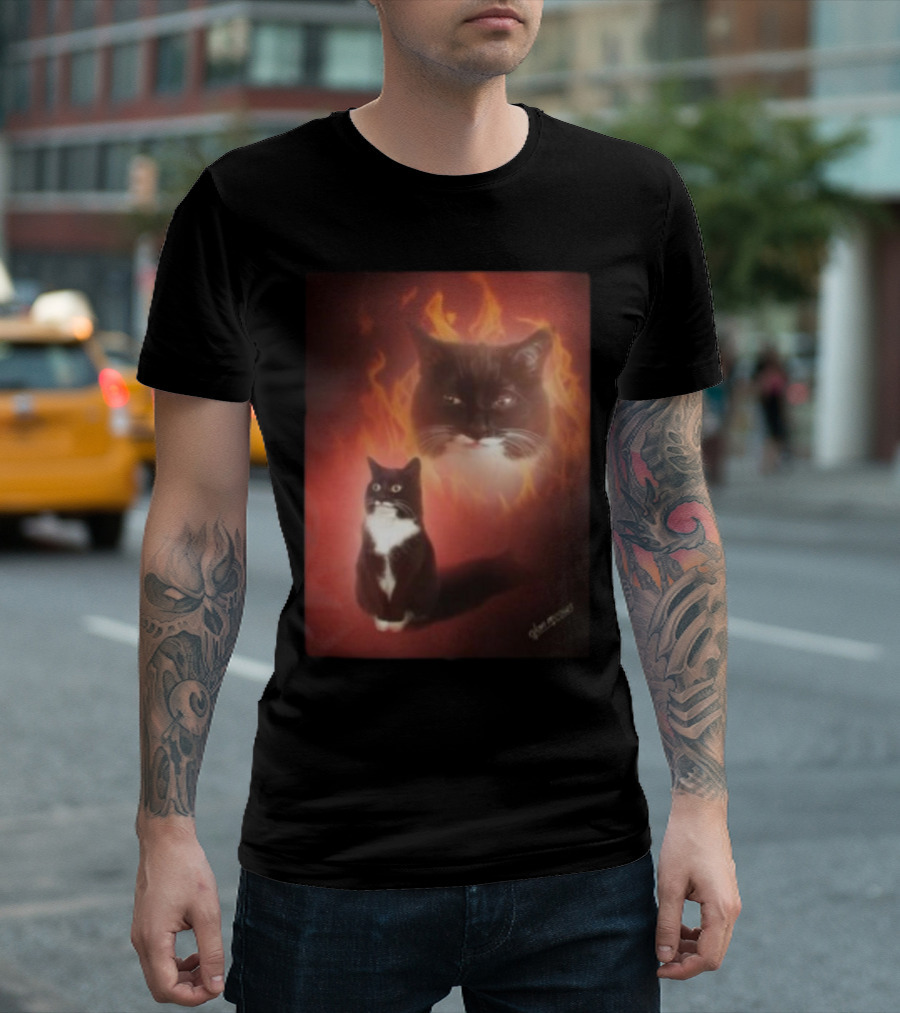 Olan Meows Black and White Cat Flames Retro Theme T-Shirt