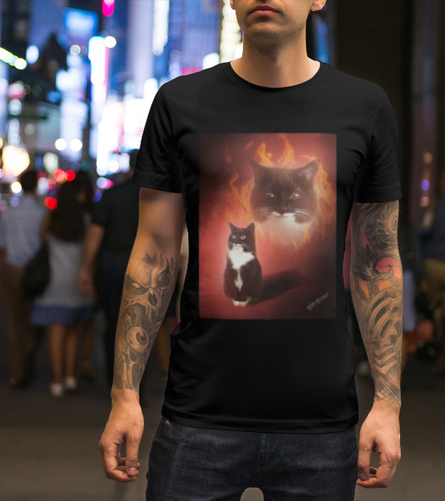 Olan Meows Black And White Cat Flames Retro Theme T-Shirt