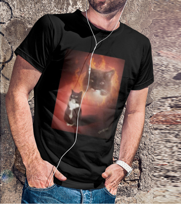 Olan Meows Black And White Cat Flames Retro Theme T-Shirt