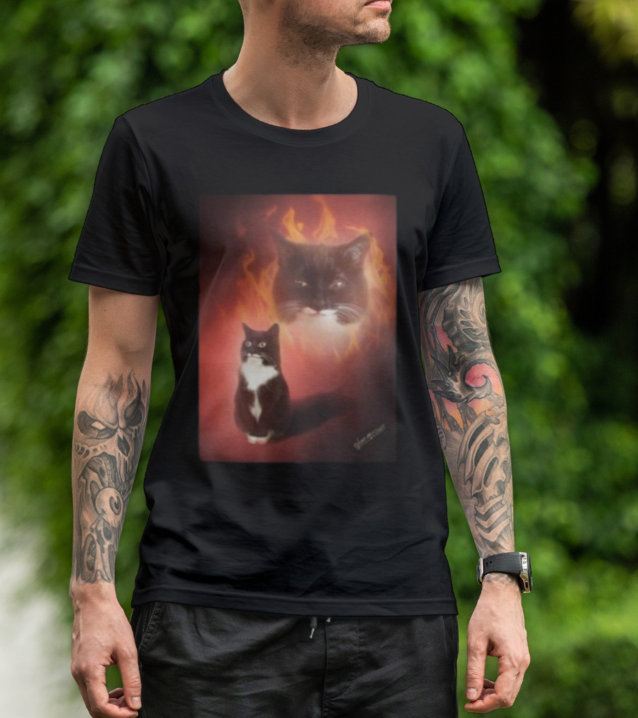 Olan Meows Black And White Cat Flames Retro Theme T-Shirt