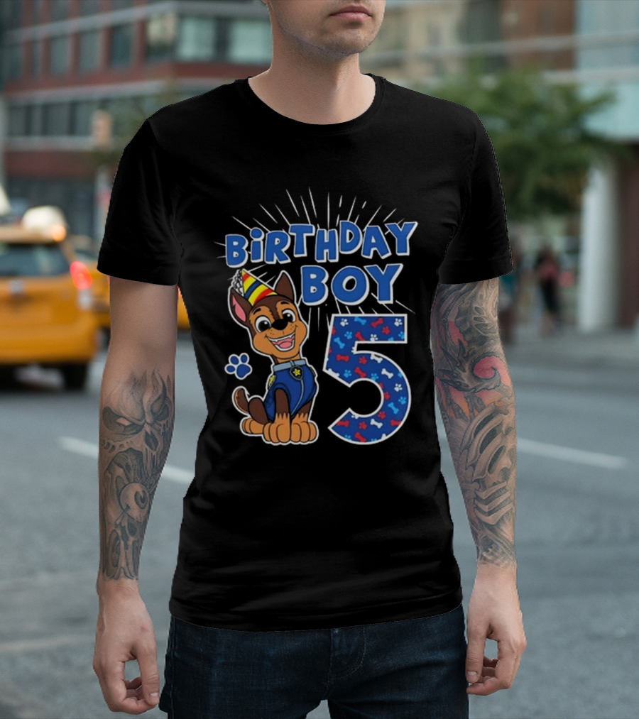 Paw Patrol Birthday Boy 5 Chase Party Hat and Paw Print T-Shirt
