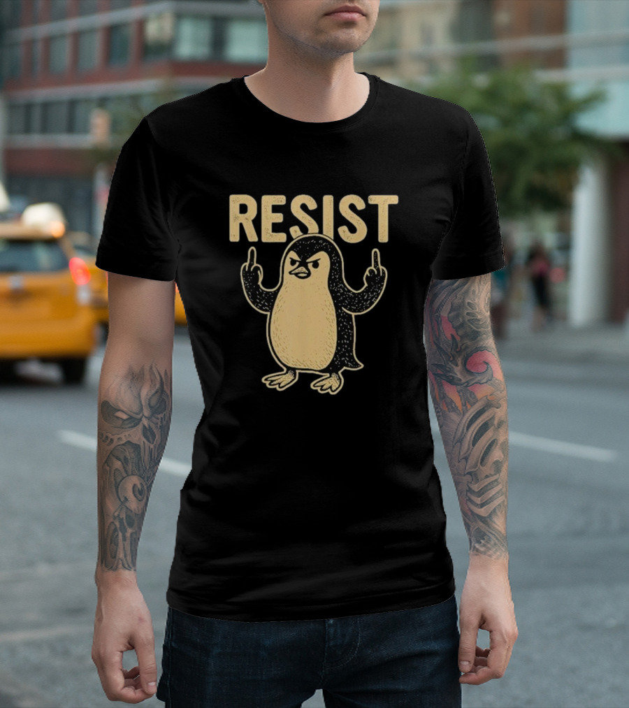 Resist Penguin Middle Finger Protest Symbol T-Shirt
