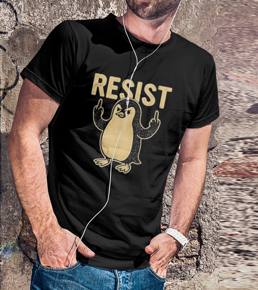 Resist Penguin Middle Finger Protest Symbol T-Shirt