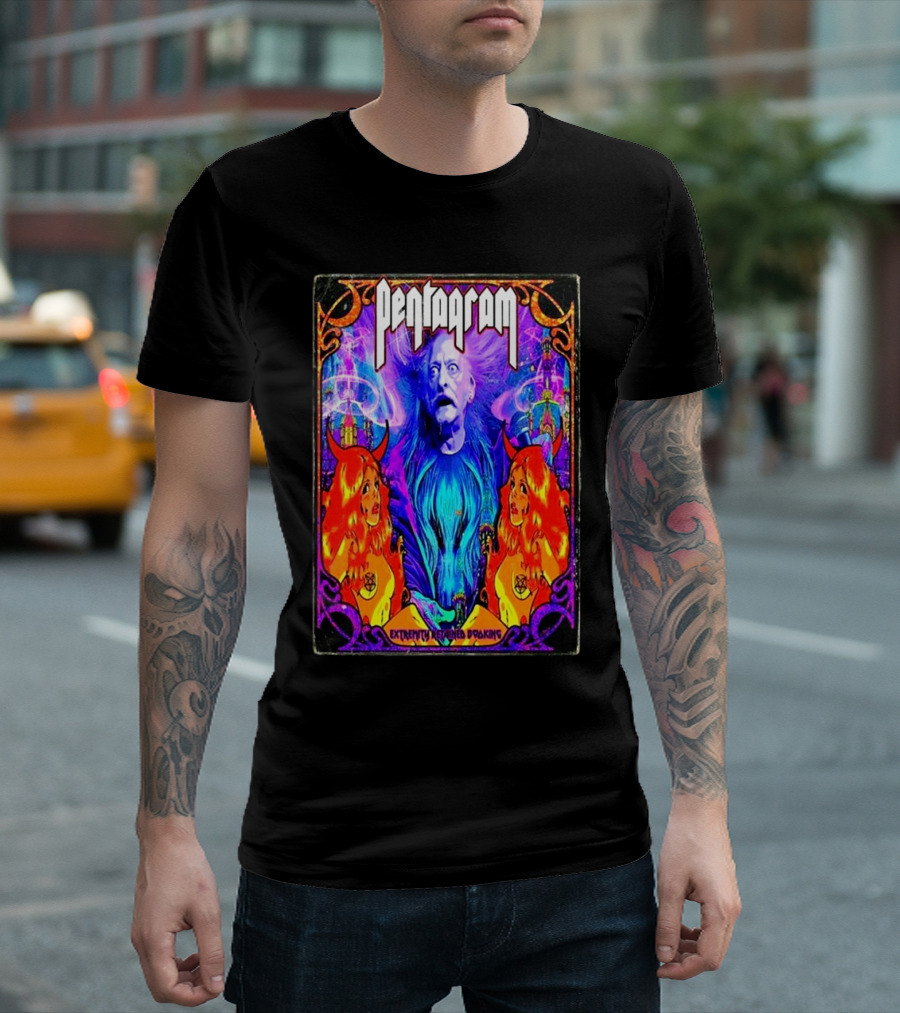 Pentagram Band US Tour 2025 Extremity Retained Booking Vibrant Artwork Featuring Mystical Figures T-Shirt