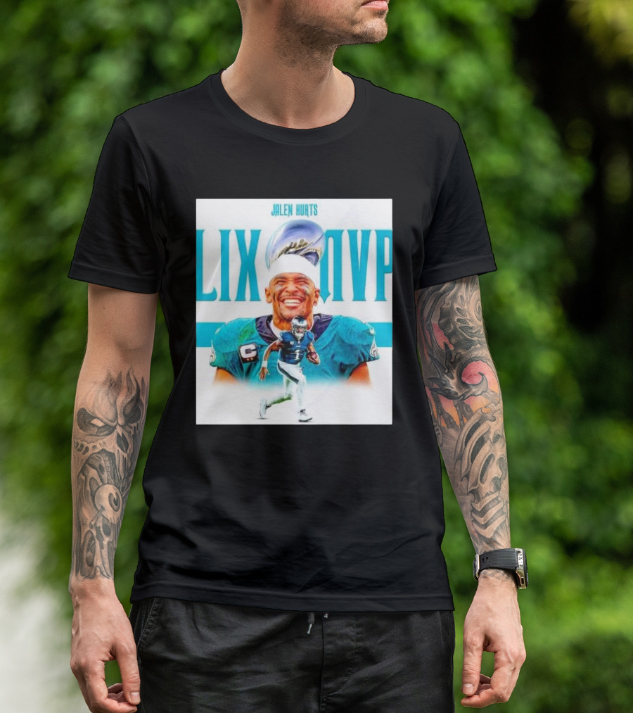 Philadelphia Eagles Jalen Hurts LIX MVP Celebration With Trophy T-Shirt