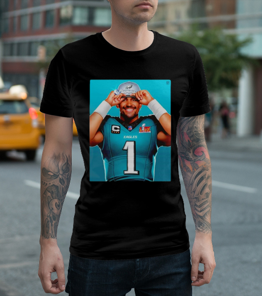 Philadelphia Eagles Jalen Hurts LIX Super Bowl Champion Player Portrait T-Shirt