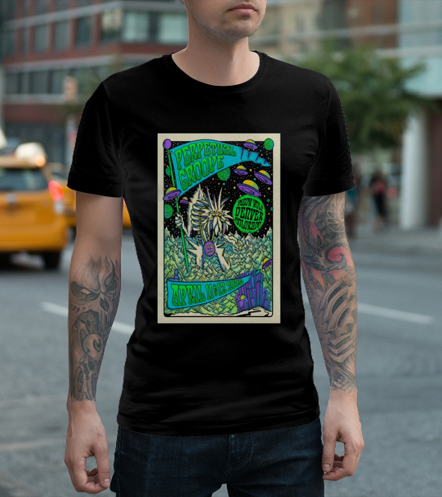 Perpetual Groove April 11-12 2025 Denver Colorado Artwork Aliens Mountains Fantasy Scene T-Shirt