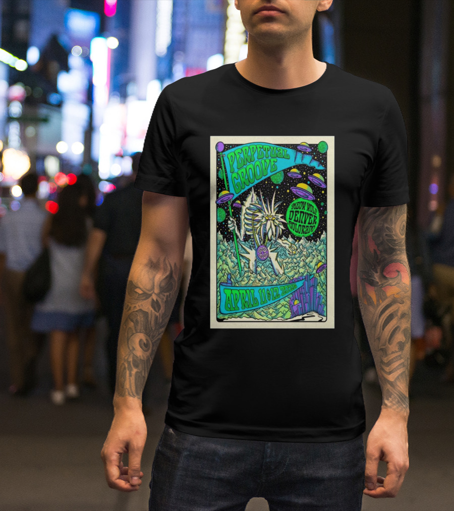 Perpetual Groove April 11-12 2025 Denver Colorado Artwork Aliens Mountains Fantasy Scene T-Shirt