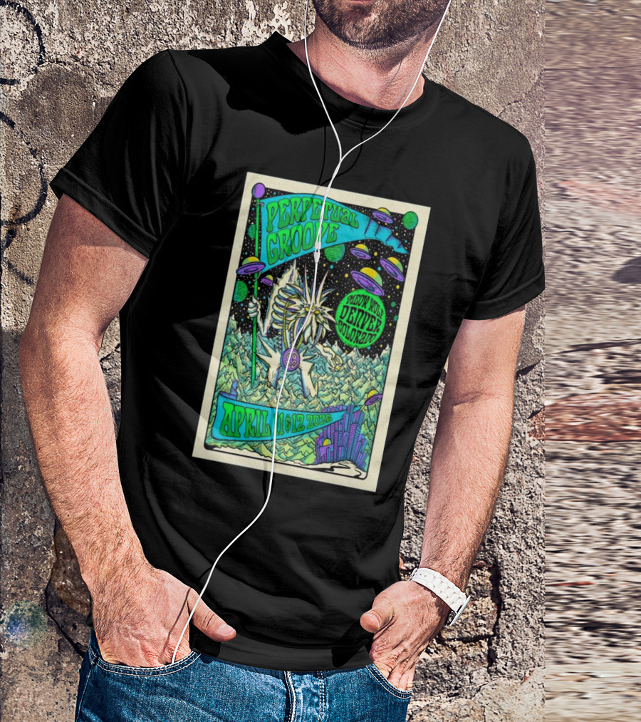 Perpetual Groove April 11-12 2025 Denver Colorado Artwork Aliens Mountains Fantasy Scene T-Shirt