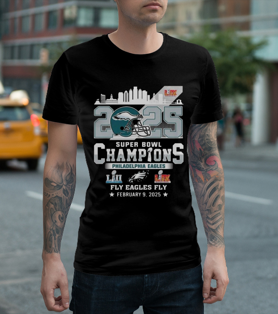 Philadelphia Eagles Super Bowl Champions 2025 Fly Eagles Fly February 9 Skyline T-Shirt