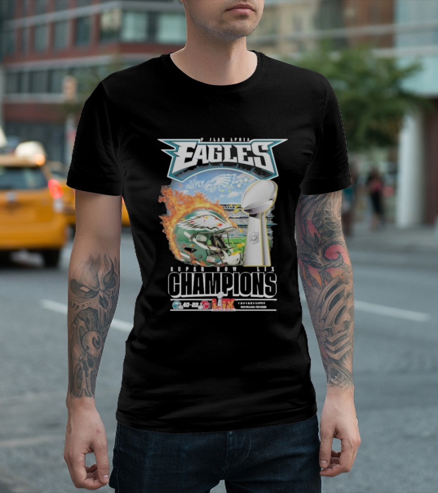 Philadelphia Eagles Champions Super Bowl LIX Beat Chiefs 40-22 Fly Eagles Fly Helmet Trophy T-Shirt