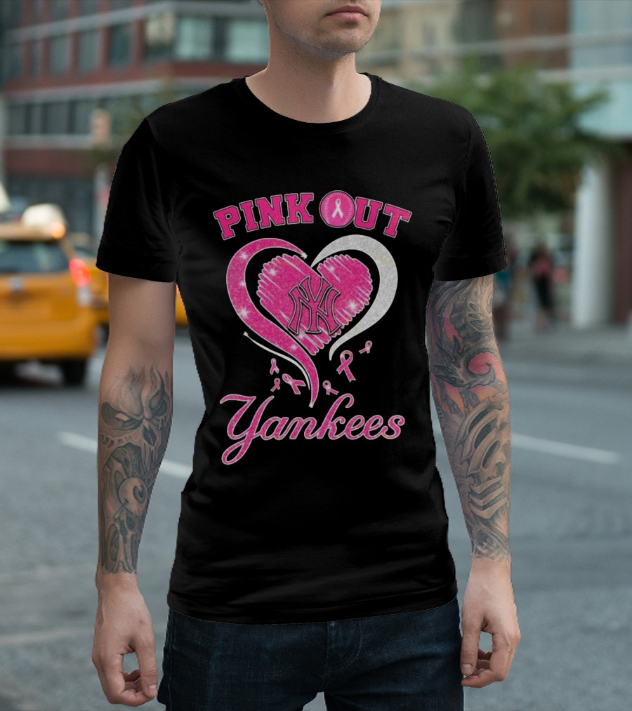Pink Out Yankees Heart Ribbon 2025 T-Shirt