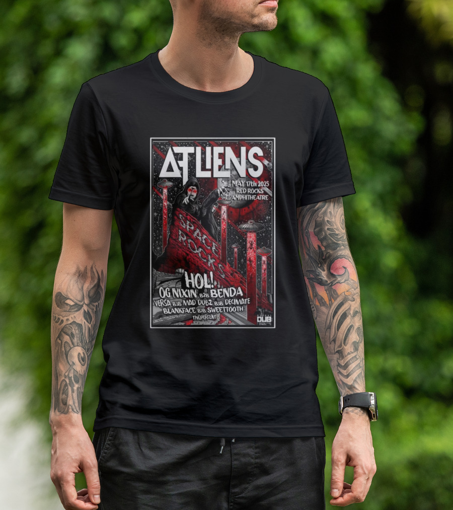 ATLiens Space Rocks May 17 2025 Red Rocks Amphitheatre OG Nixin Benda Holi VersA Mad Dubz Decimate Blankface Sweettooth TwoPercent T-Shirt