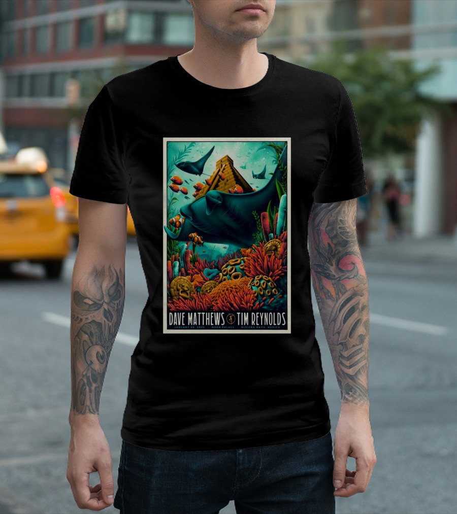 Dave Matthews Band Tim Reynolds Moon Palace Riviera Maya Mexico January 26 2025 Underwater Pyramid Rays Coral T-Shirt