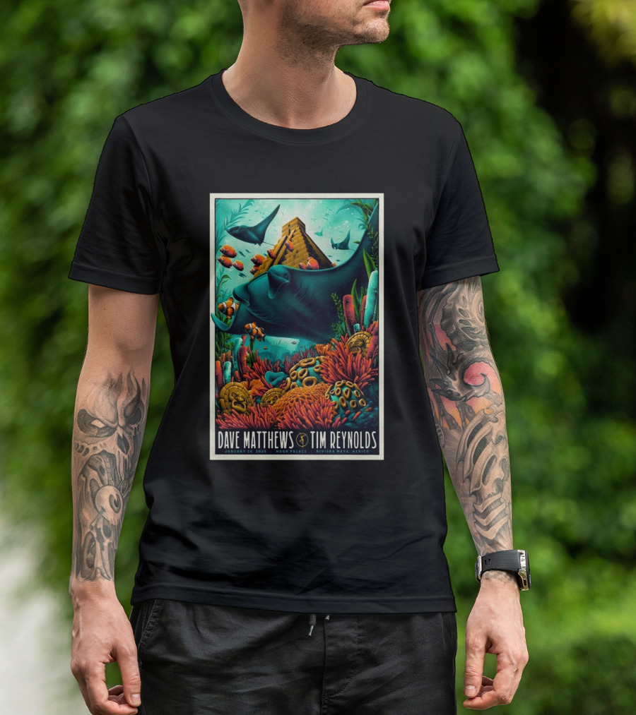 Dave Matthews Band Tim Reynolds Moon Palace Riviera Maya Mexico January 26 2025 Underwater Pyramid Rays Coral T-Shirt
