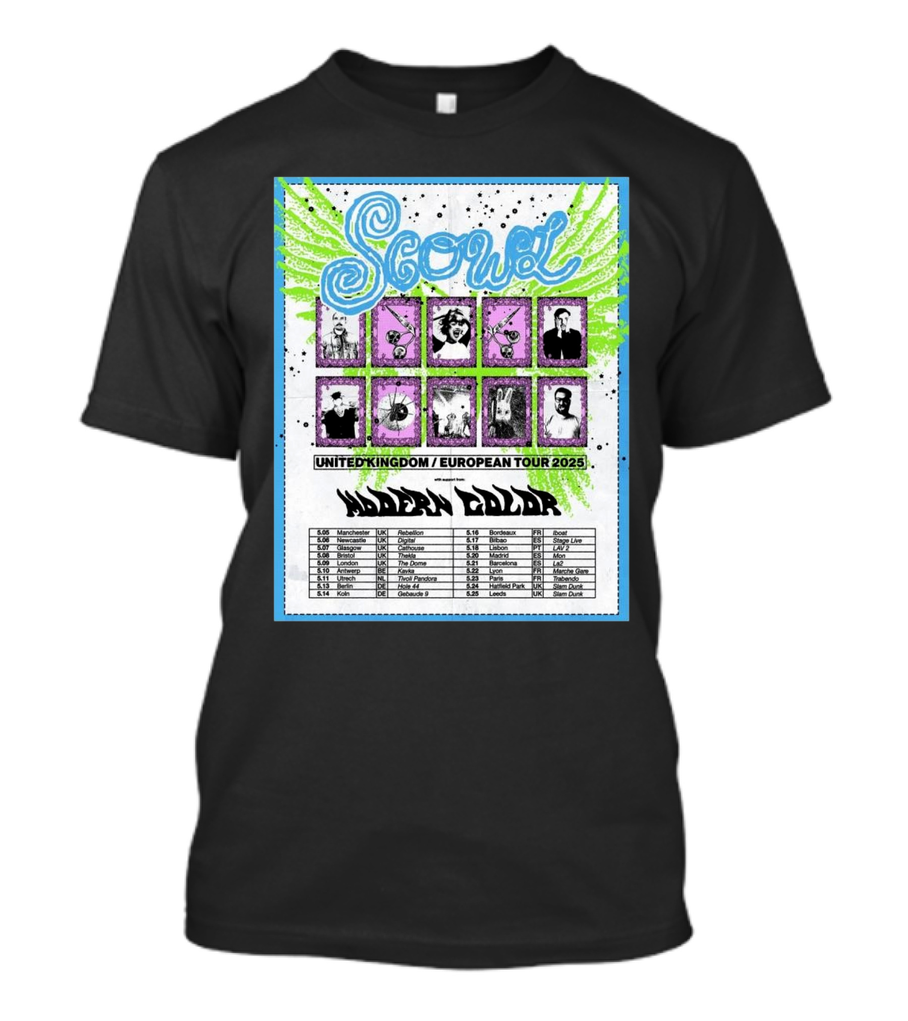 Scowl United Kingdom European Tour 2025 Featuring Modern Color Manchester Newcastle Dates T-Shirt