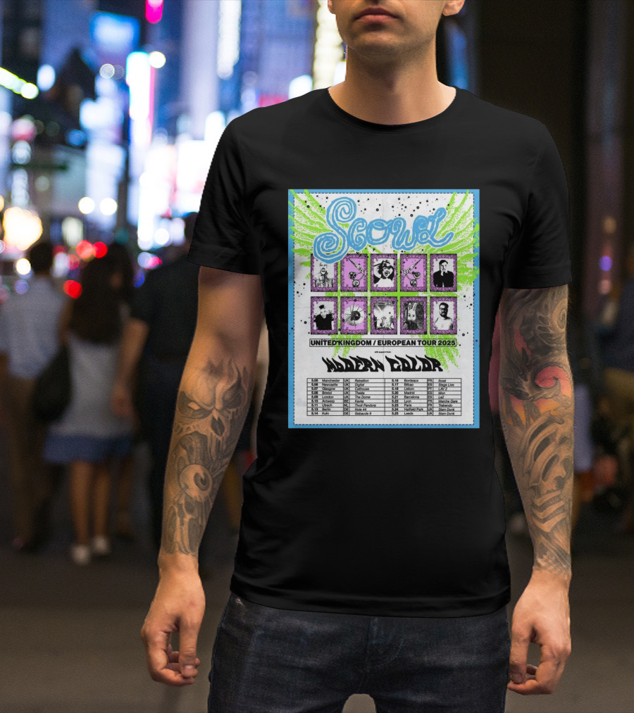 Scowl United Kingdom European Tour 2025 Featuring Modern Color Manchester Newcastle Dates T-Shirt