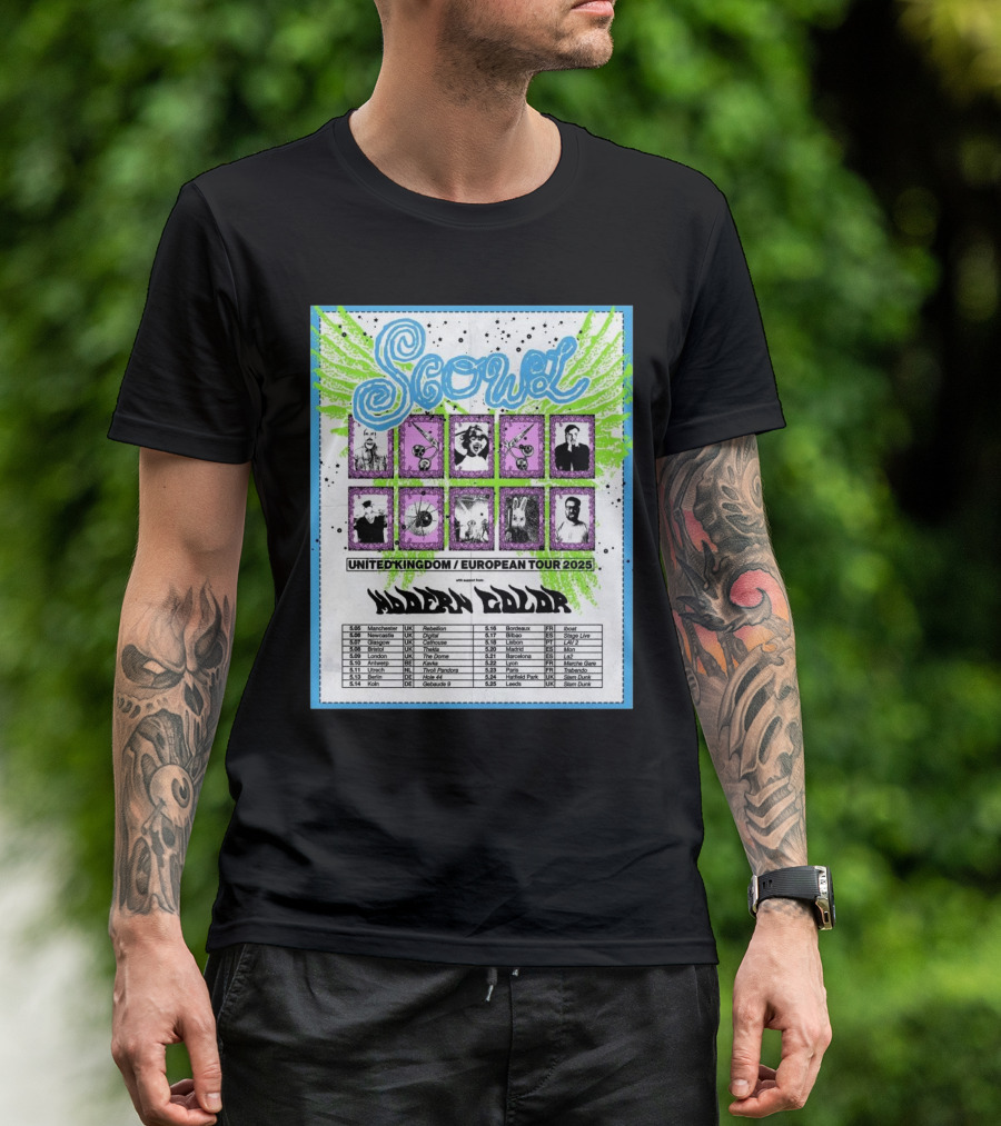 Scowl United Kingdom European Tour 2025 Featuring Modern Color Manchester Newcastle Dates T-Shirt