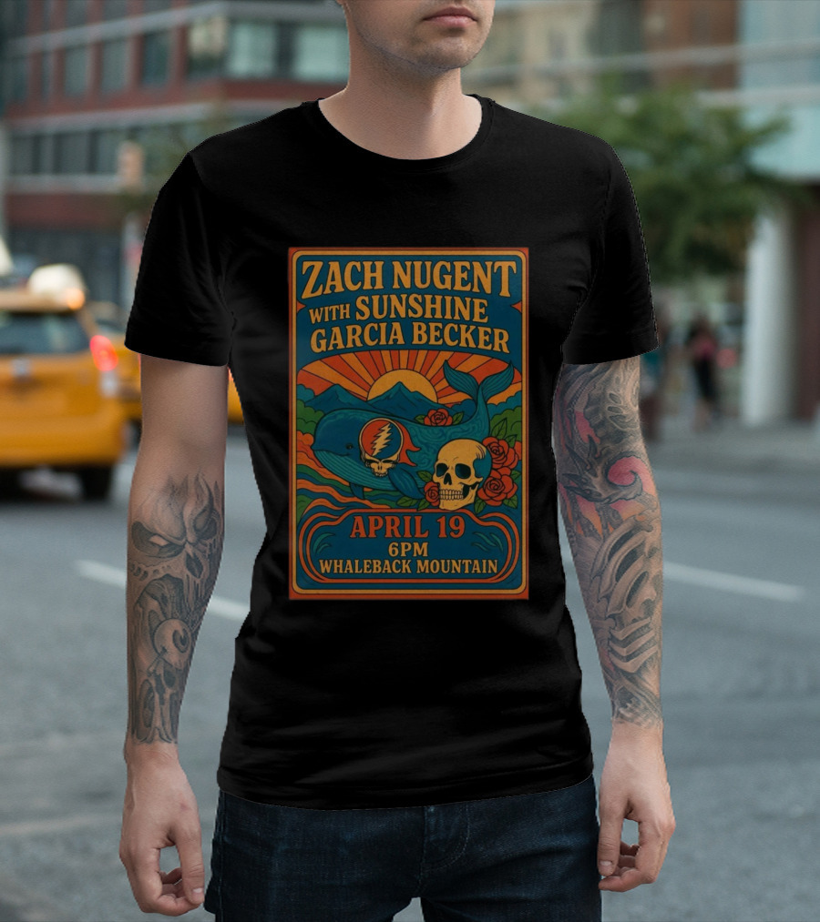 Zach Nugent with Sunshine Garcia Becker April 19 6 PM Whaleback Mountain Whale Skull Roses Sun Graphic T-Shirt