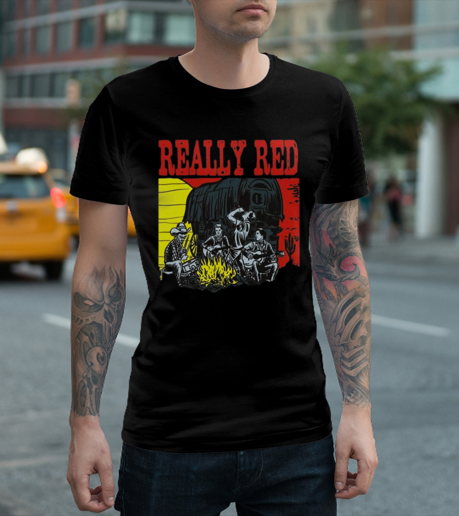 Really Red Cow Punks Campfire Scene With Musical Cowboys And Wagon T-Shirt