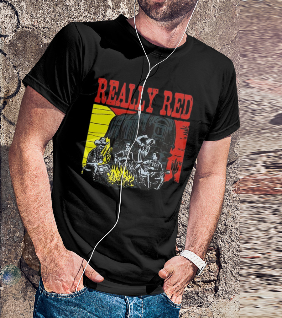 Really Red Cow Punks Campfire Scene With Musical Cowboys And Wagon T-Shirt