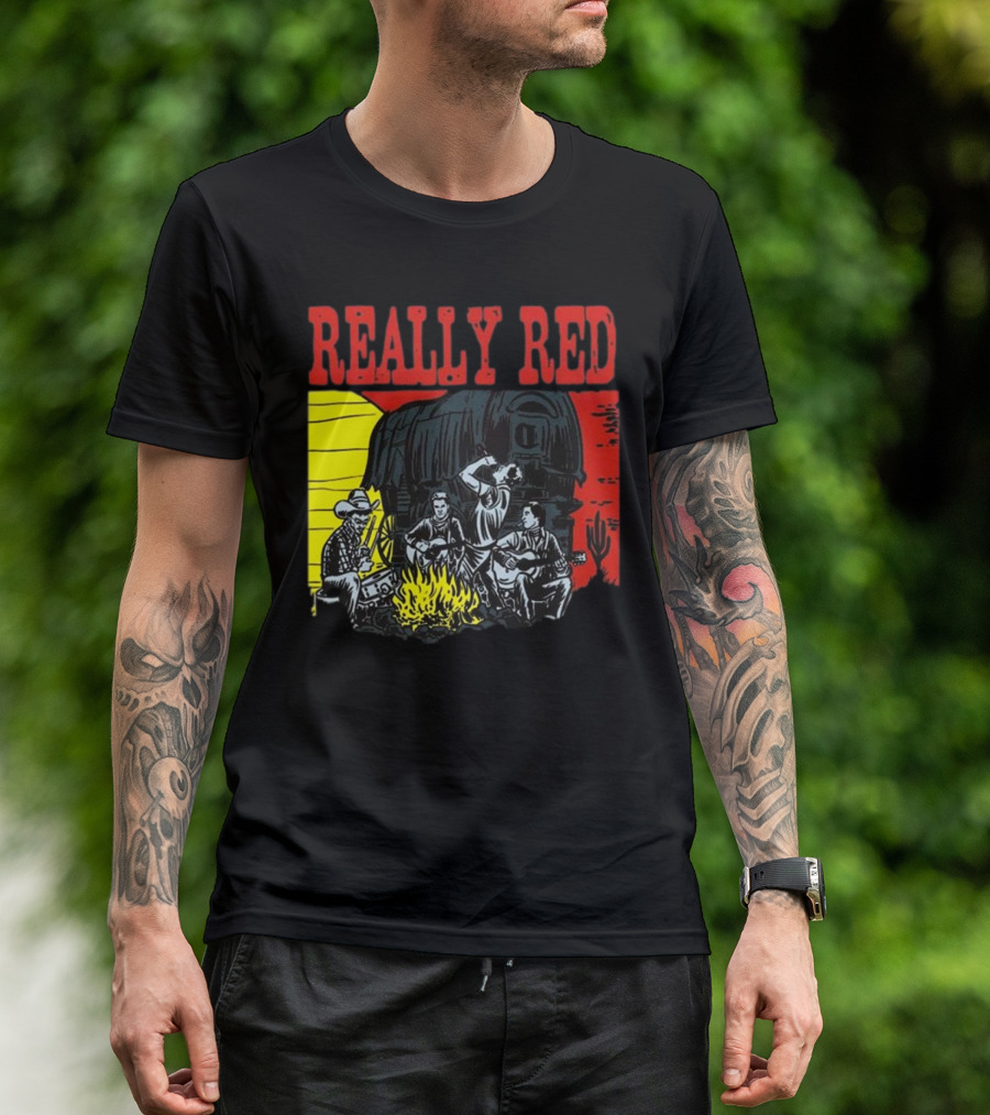 Really Red Cow Punks Campfire Scene With Musical Cowboys And Wagon T-Shirt