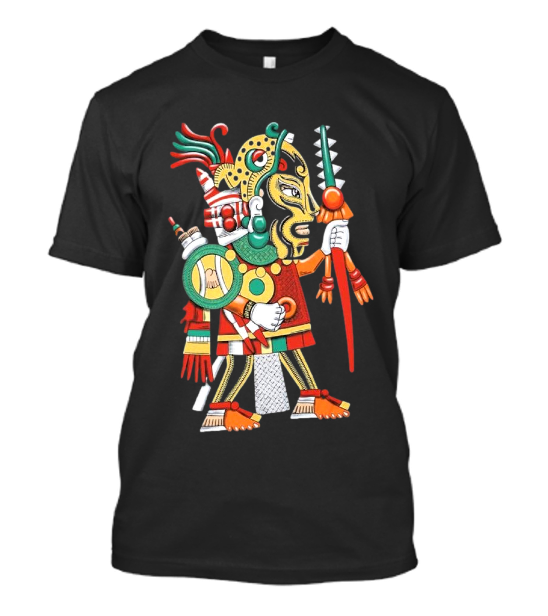 Aztec Warrior With Ritual Skull Staff And Feathered Headdress T-Shirt