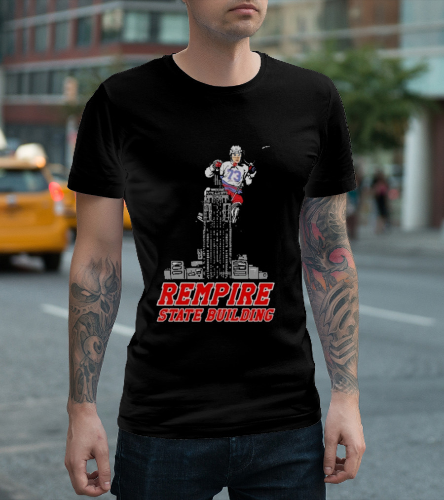 Rempire State Building Red And Blue Hockey Player Skyscraper Concept T-Shirt