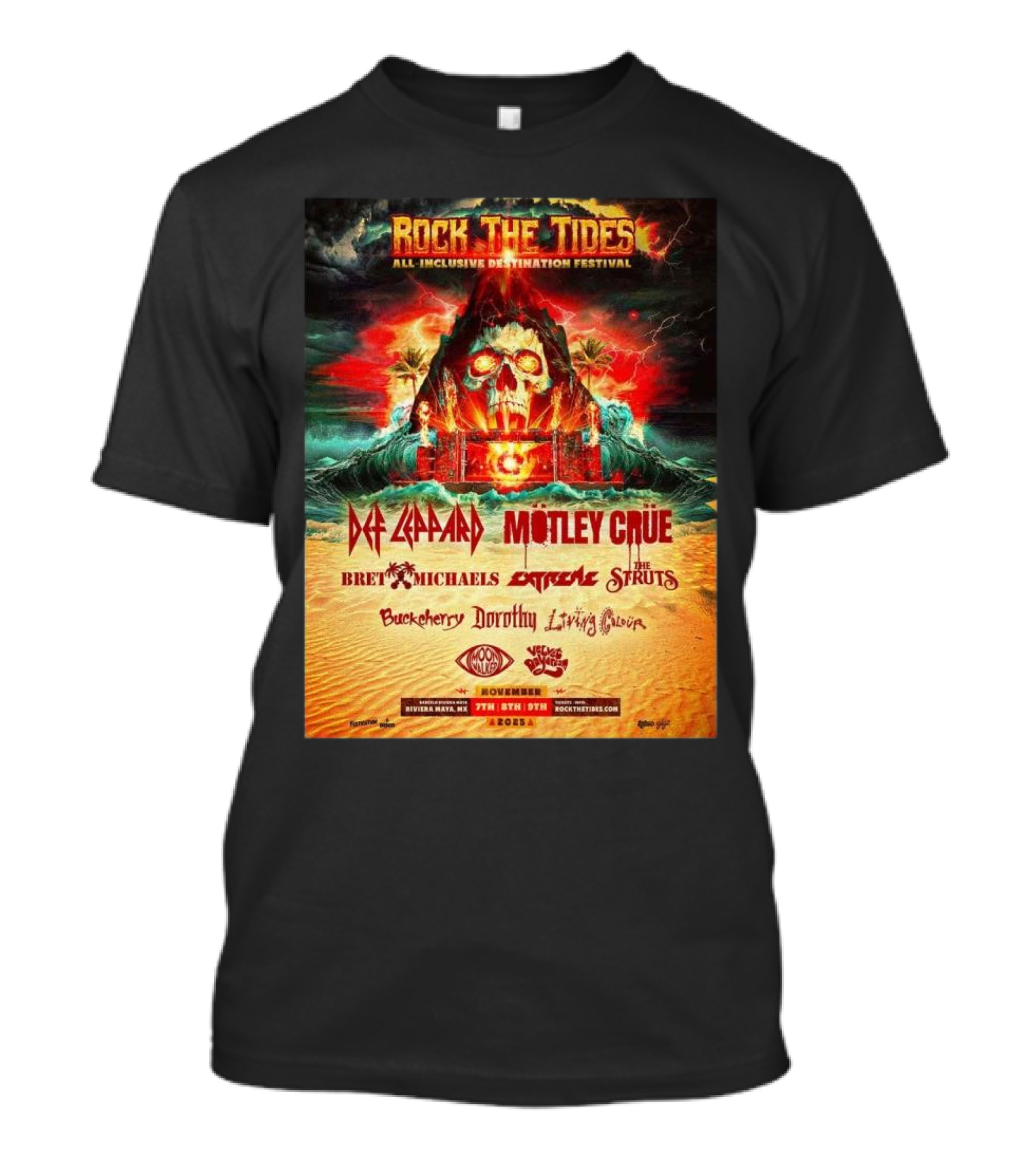 Rock The Tides All Inclusive Destination Festival Riviera Maya 2025 Featuring Def Leppard Motley Crue Bret Michaels Extreme The Struts November 7-9 T-Shirt
