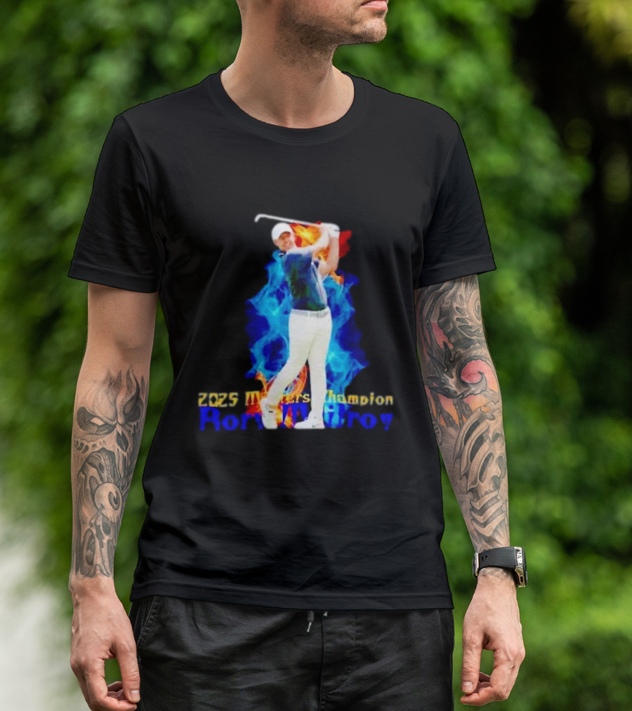 Rory McIlroy 2025 Masters Champion Golf Swing With Fire And Blue Flame Background T-Shirt