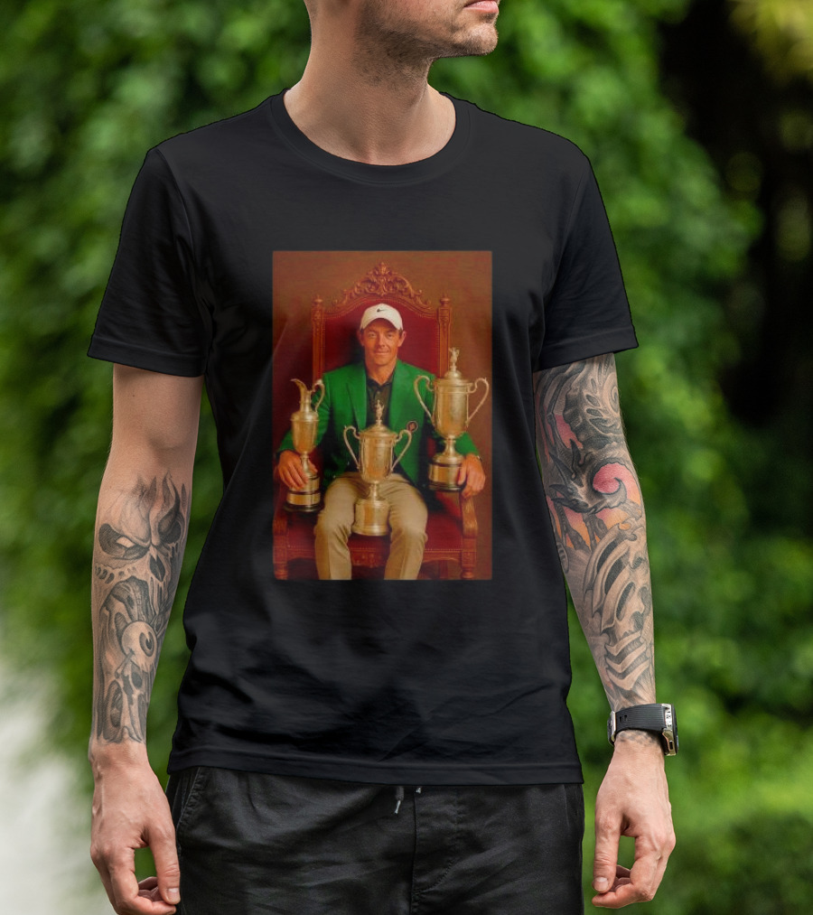 Rory McIlroy Masters Tournament Career Grand Slam Achievement With Green Jacket And Trophies T-Shirt