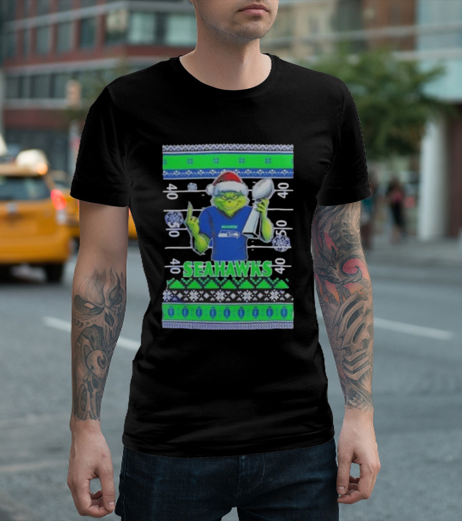 Seattle Seahawks Grinch Christmas Super Bowl Trophy Ugly Sweater T-Shirt