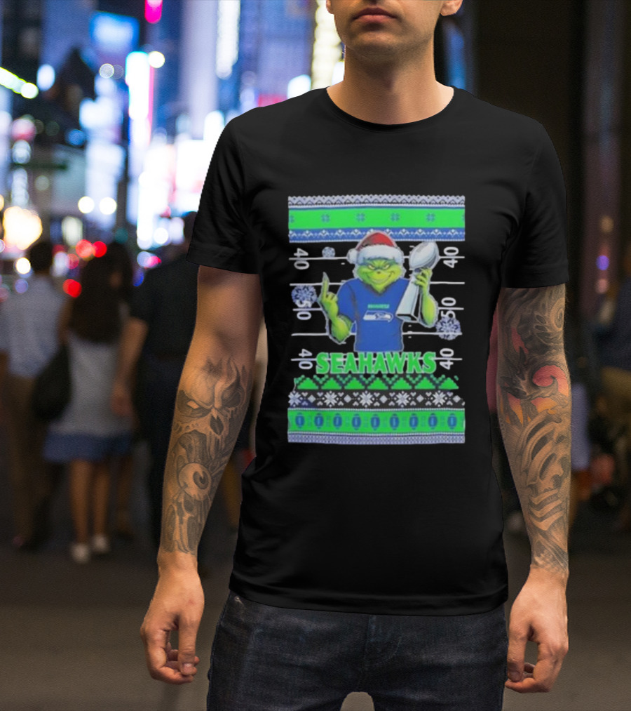 Seattle Seahawks Grinch Christmas Super Bowl Trophy Ugly Sweater T-Shirt