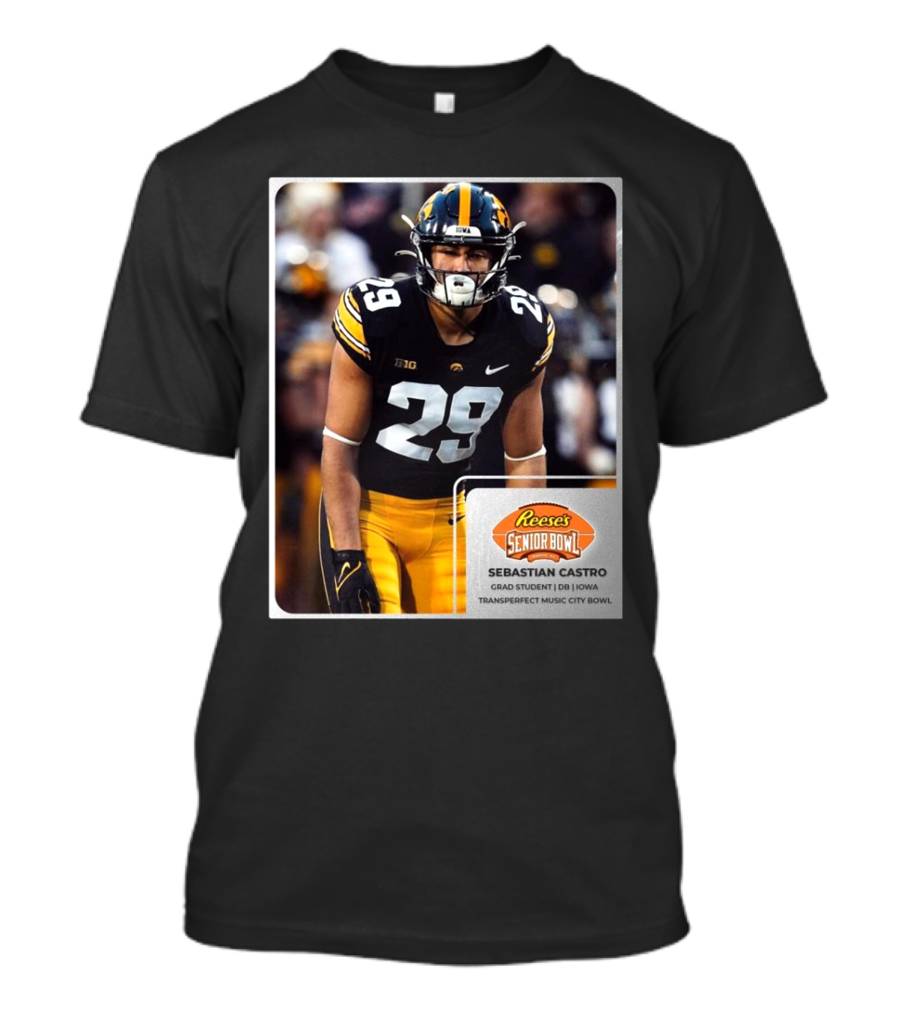 Reese's Senior Bowl Sebastian Castro Grad Student DB Iowa Transperfect Music City Bowl T-Shirt