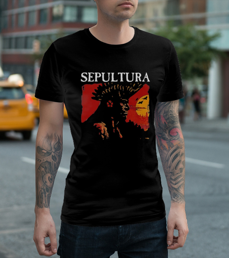 Sepultura Celebrating Life Through Death Black Sunburst and Sunset Scene T-Shirt