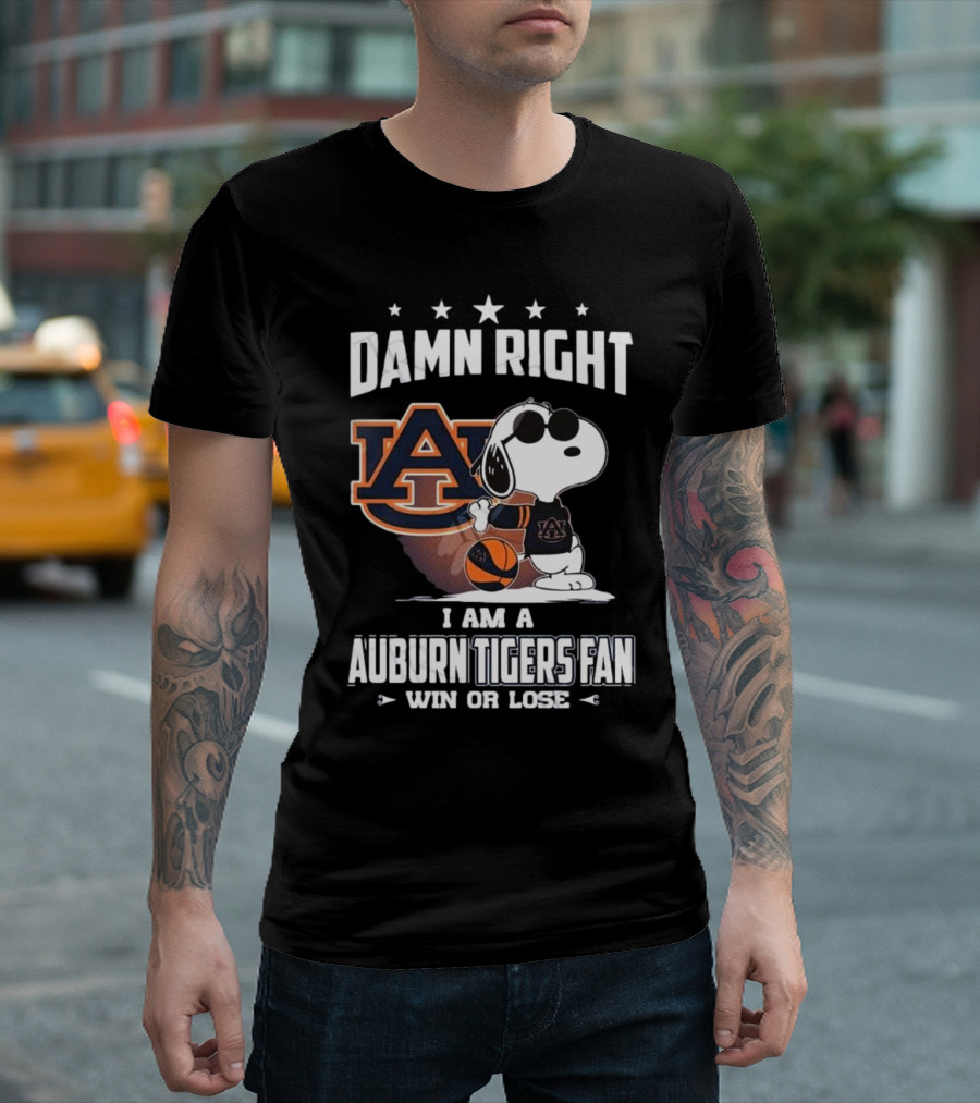 Damn Right I Am A Auburn Tigers Fan Win Or Lose Snoopy Auburn Logo T-Shirt