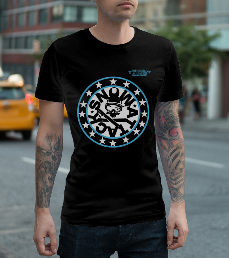 Snowattack Festival 2025 Skull Goggles and Crossed Skis Star Circle T-Shirt