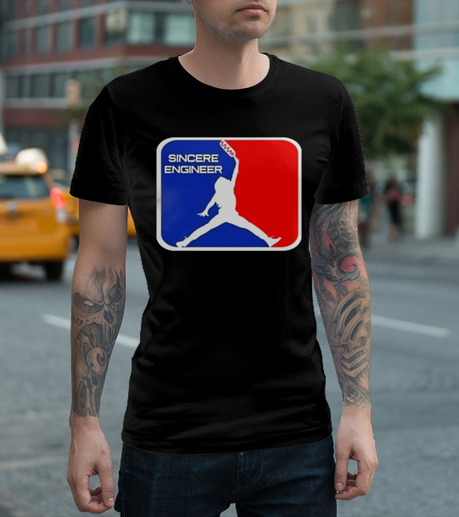 Sincere Engineer Jumping Figure with Hot Dog Icon T-Shirt