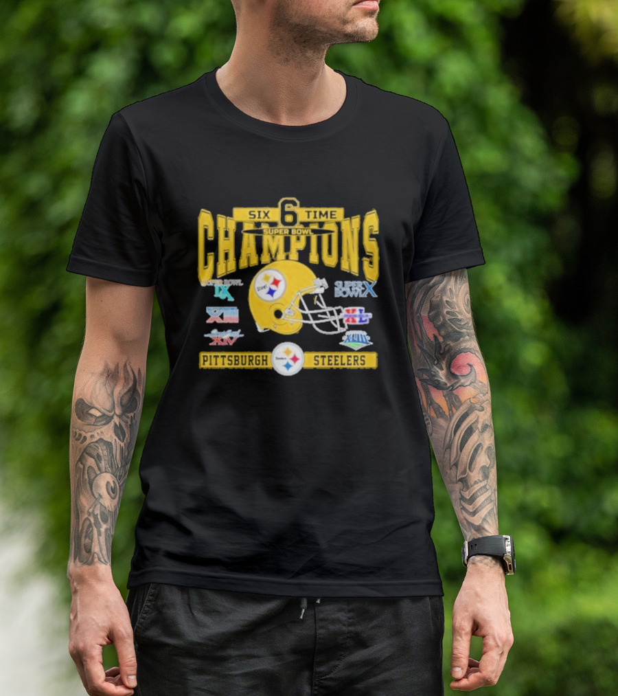 Six Time Super Bowl Champions Pittsburgh Steelers Helmet Logos NFL XVII XIV XIII XL XLIII XLV T-Shirt