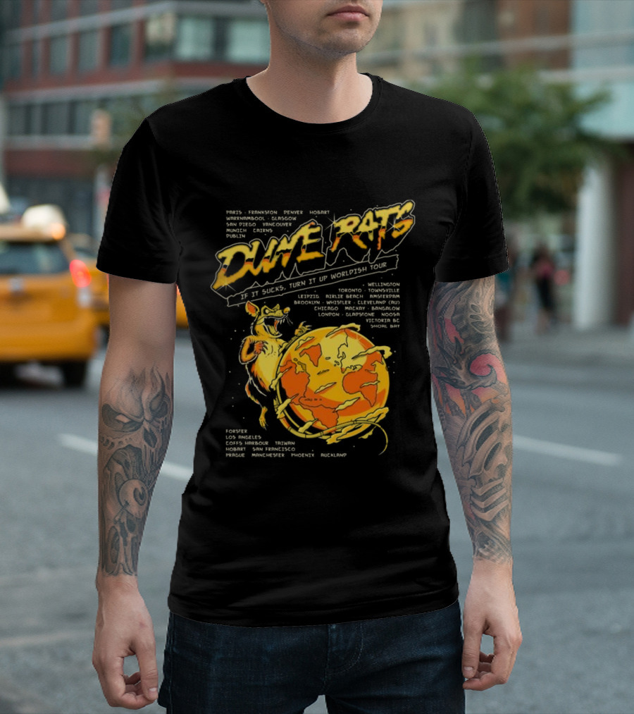 Dune Rats Worldish Tour If It Sucks with Cartoon Rat and Flaming Earth T-Shirt