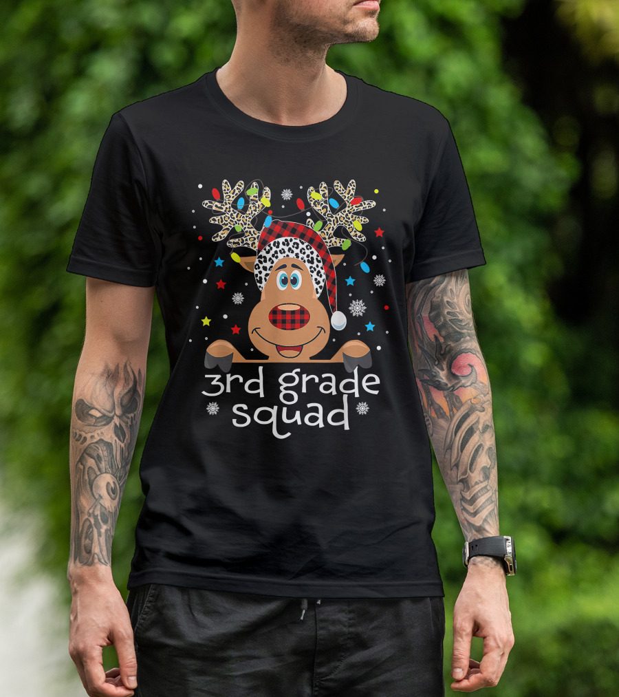 3rd Grade Squad Santa Hat Plaid Reindeer Christmas Teacher T-Shirt