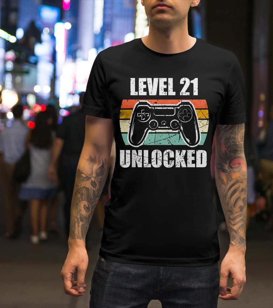 Level 21 Unlocked Vintage Gaming Controller 21st Birthday Gamer T-Shirt