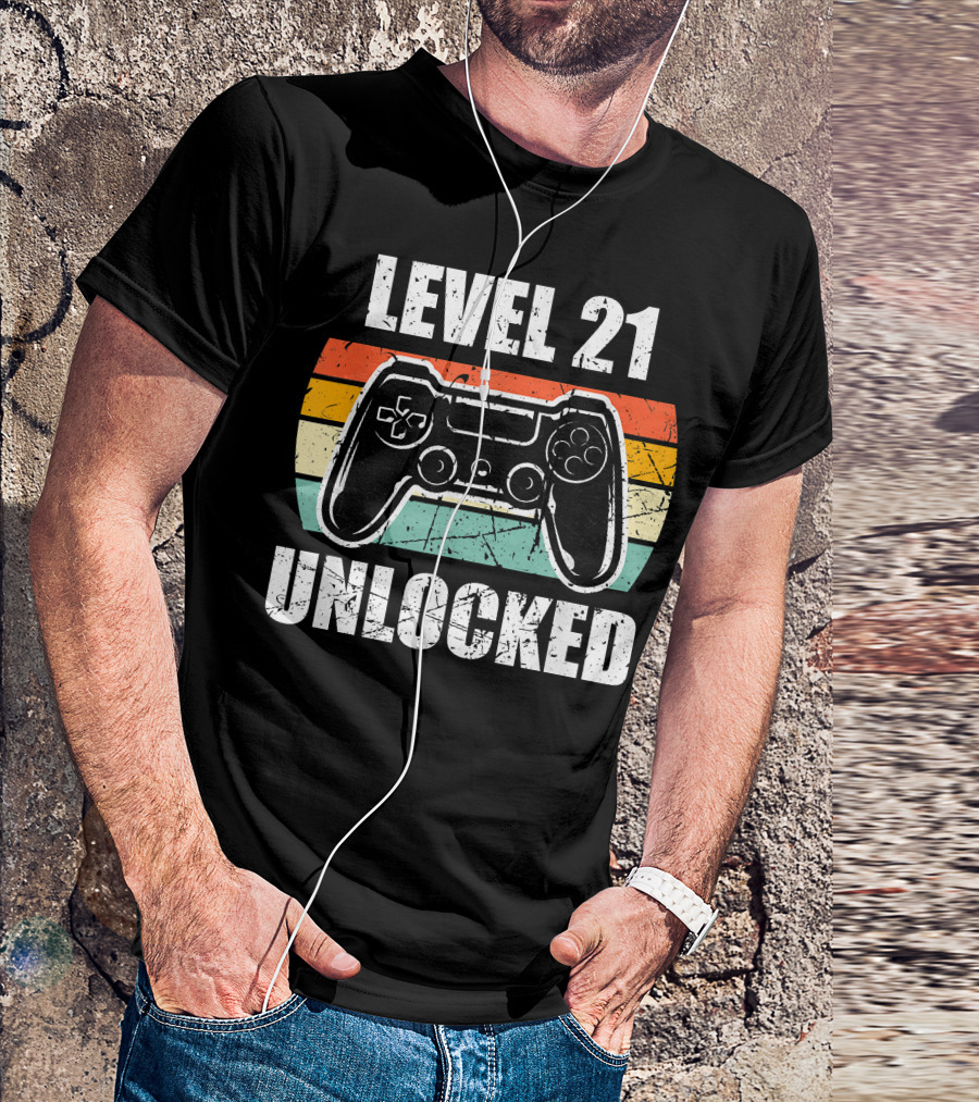Level 21 Unlocked Vintage Gaming Controller 21st Birthday Gamer T-Shirt
